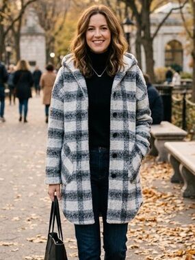 Design Lab Plaid Textured Longline Coat - Button-Front Hooded Jacket